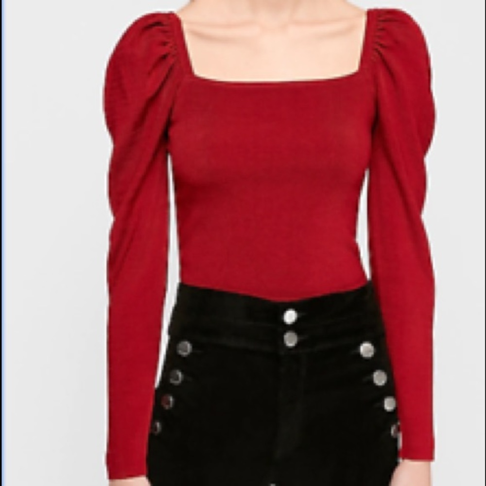 Express red ribbed puff sleeve crop top